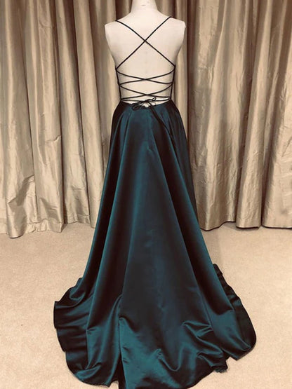 Elegant Satin V-Neck Spaghetti Strap Teal Floor-Length Prom Dress