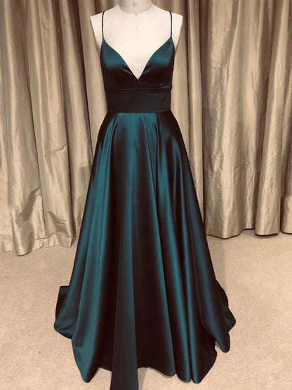 Elegant Satin V-Neck Spaghetti Strap Teal Floor-Length Prom Dress