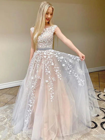 Elegant Scoop Neck Cap Sleeve Lace Champagne Floor-Length Prom Dress