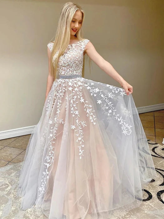 Elegant Scoop Neck Cap Sleeve Lace Champagne Floor-Length Prom Dress