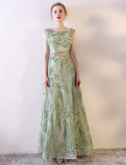 Elegant Sheath Boat Neck Embroidered Sage Green Floor-Length Evening Dress