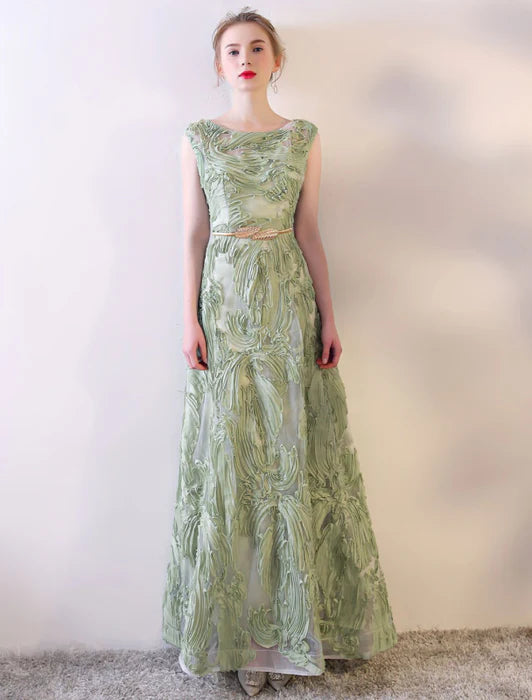 Elegant Sheath Boat Neck Embroidered Sage Green Floor-Length Evening Dress