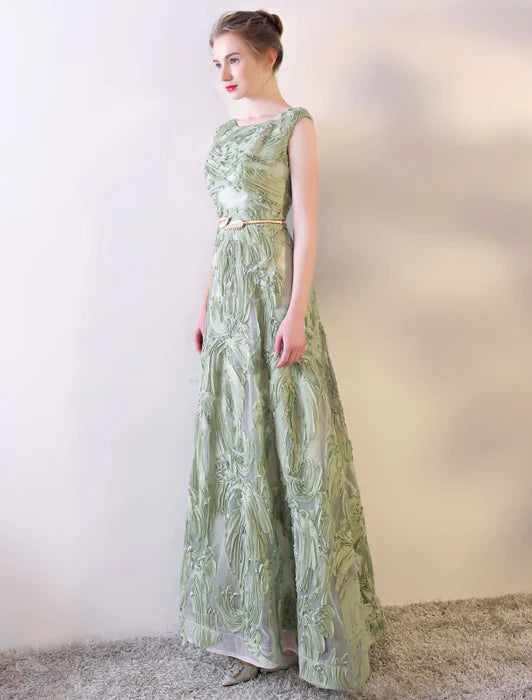Elegant Sheath Boat Neck Embroidered Sage Green Floor-Length Evening Dress
