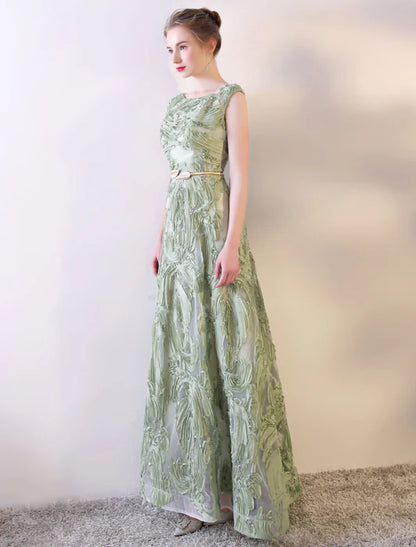 Elegant Sheath Boat Neck Embroidered Sage Green Floor-Length Evening Dress