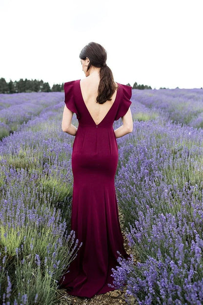 Elegant Sheath Boat Neck Flounced Sleeves V Back Floor-Length Prom Dress