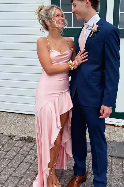 Elegant Sheath/Column Cowl Neck Sleeveless Satin Slit Floor-Length Prom Dress