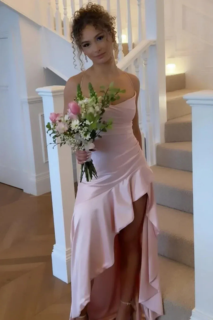 Elegant Sheath/Column Cowl Neck Sleeveless Satin Slit Floor-Length Prom Dress