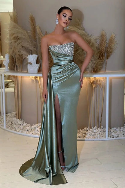 Elegant Sheath/Column Strapless Sleeveless Satin Sweep/Brush Train Prom Dress