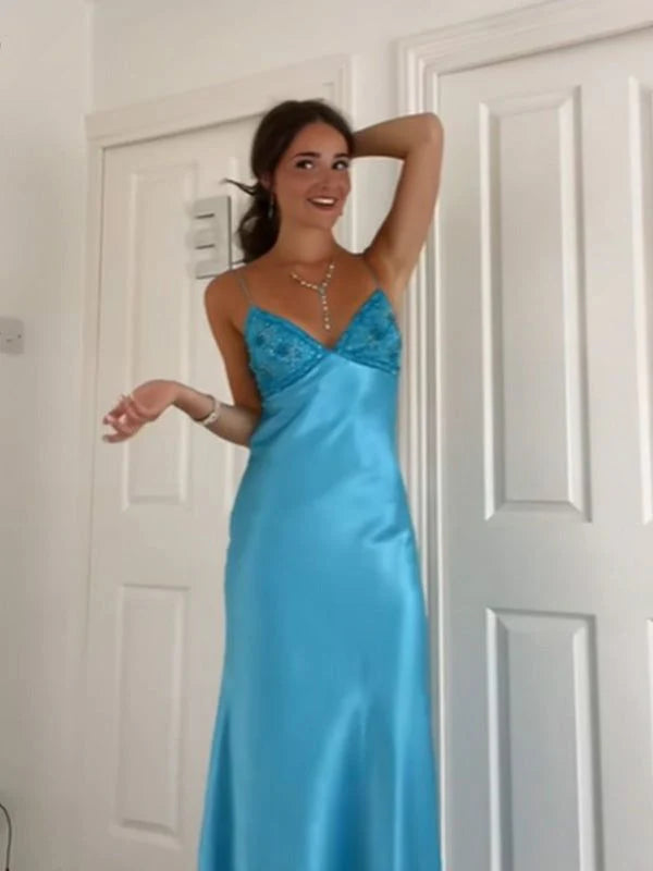 Elegant Sheath/Column V-neck Sleeveless Satin Floor-Length Prom Dress
