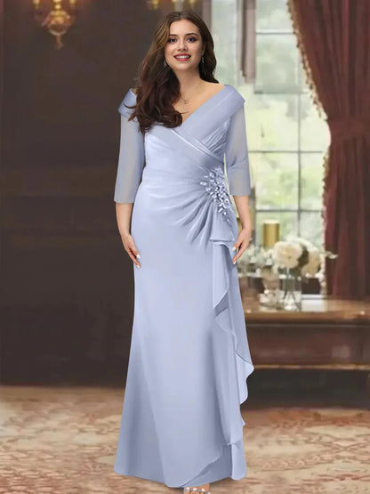 Elegant Sheath Column V Neck 34 Sleeve Back Zip Floor-Length Mother of the Bride Dress for women