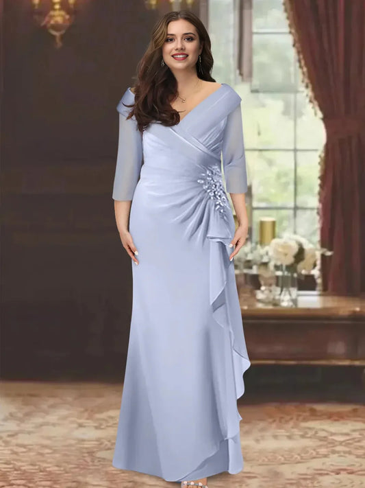 Elegant Sheath Column V Neck 34 Sleeve Back Zip Floor-Length Mother of the Bride Dress for women