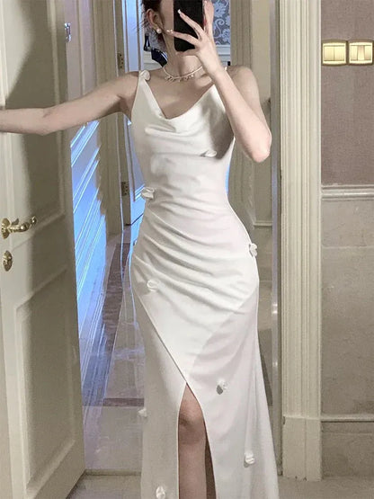 Elegant Sheath Cowl-Neck Sleeveless Flower-Accent White Long Prom Dress for Women Ready to Ship