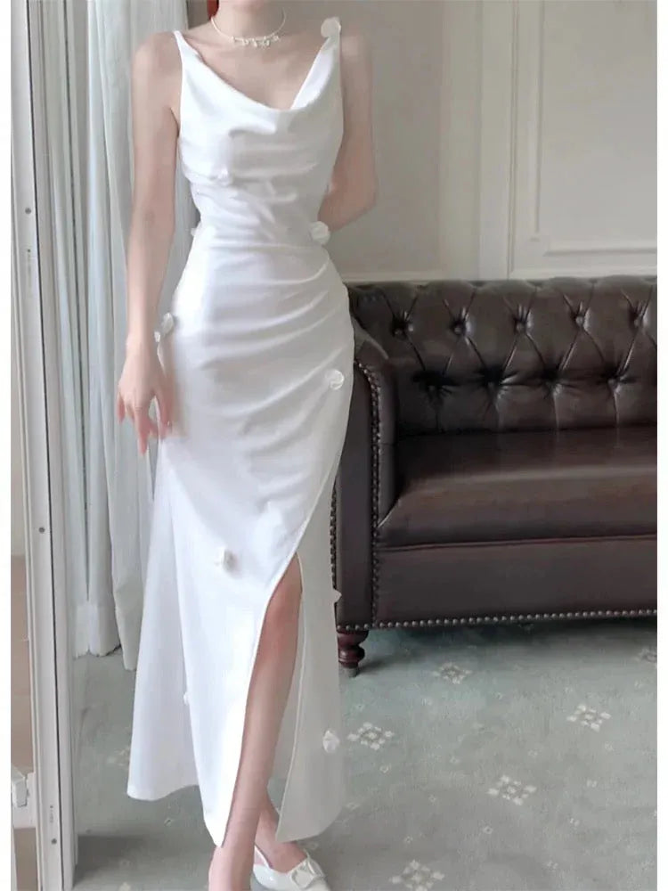 Elegant Sheath Cowl-Neck Sleeveless Flower-Accent White Long Prom Dress for Women Ready to Ship