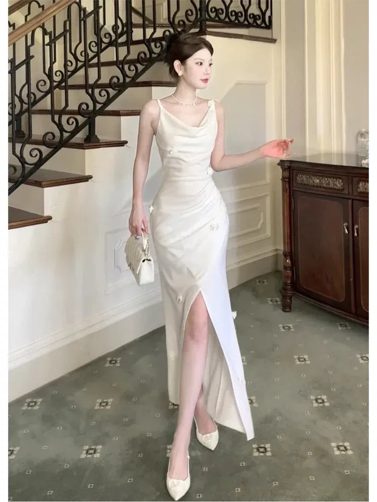 Elegant Sheath Cowl-Neck Sleeveless Flower-Accent White Long Prom Dress for Women Ready to Ship