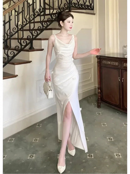 Elegant Sheath Cowl-Neck Sleeveless Flower-Accent White Long Prom Dress for Women Ready to Ship