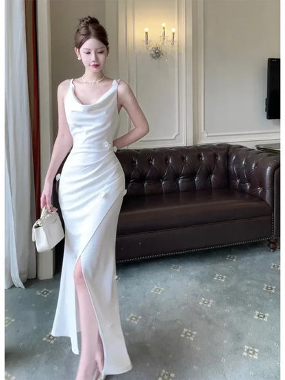 Elegant Sheath Cowl-Neck Sleeveless Flower-Accent White Long Prom Dress for Women Ready to Ship