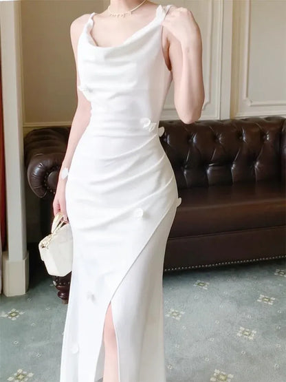 Elegant Sheath Cowl-Neck Sleeveless Flower-Accent White Long Prom Dress for Women Ready to Ship