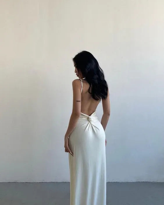 Elegant Sheath Deep V Sleeveless Ruched Satin Ivory Maxi Evening Dress for Women