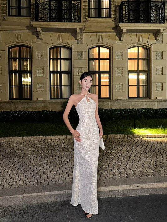 Elegant Sheath Halter Lace Ivory Evening Dress For Ladies Hot Sale