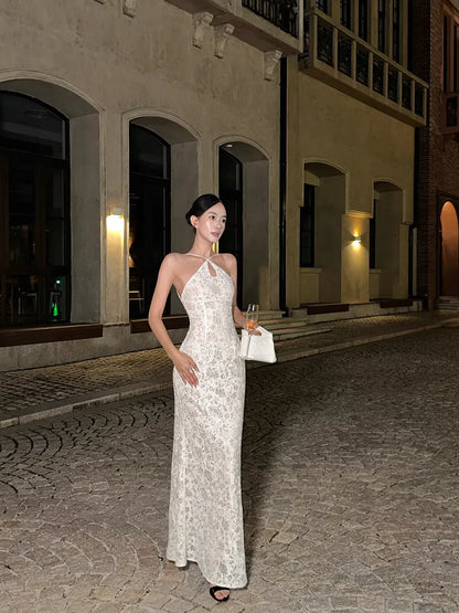 Elegant Sheath Halter Lace Ivory Evening Dress For Ladies Hot Sale