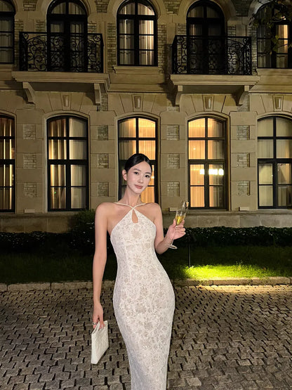 Elegant Sheath Halter Lace Ivory Evening Dress For Ladies Hot Sale