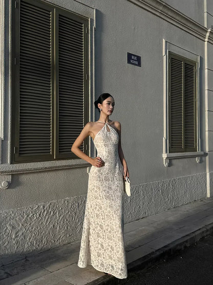 Elegant Sheath Halter Lace Ivory Evening Dress For Ladies Hot Sale