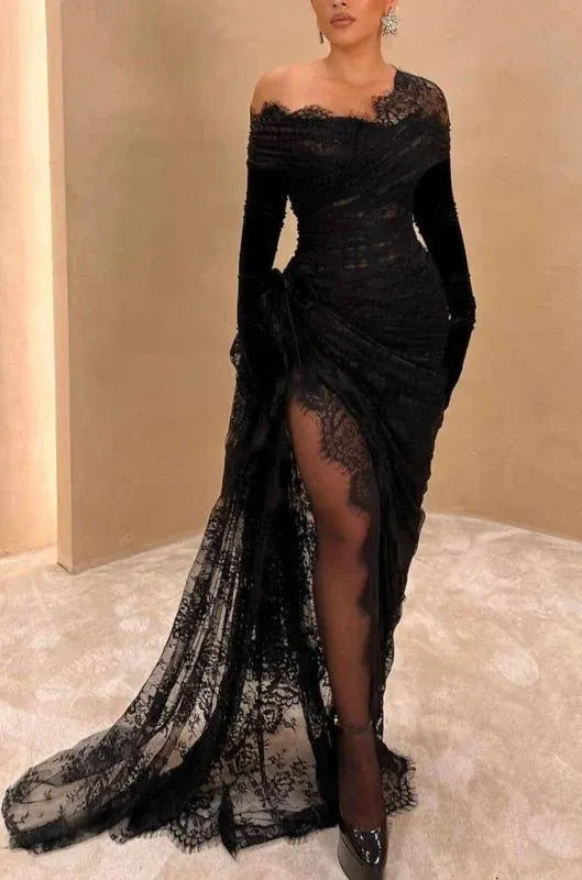 Elegant Sheath Off-Shoulder Long-Sleeve Lace Black Maxi Evening Dress for Women