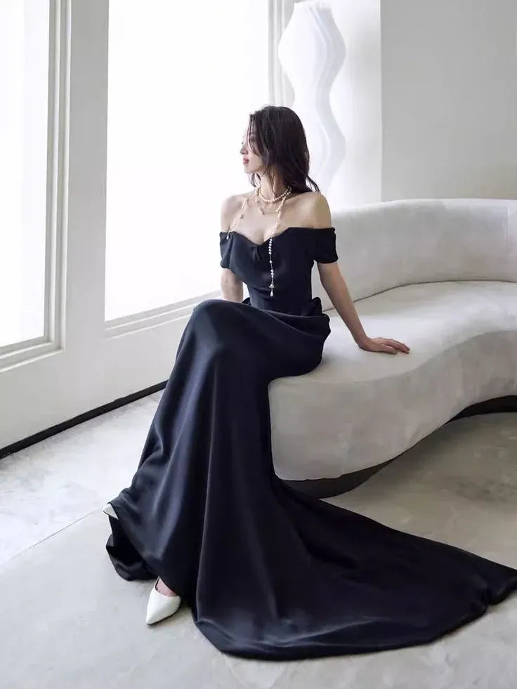 Elegant Sheath Off-Shoulder Short-Sleeve Pearl-Accent Satin Black Floor-Length Evening Dress for Women