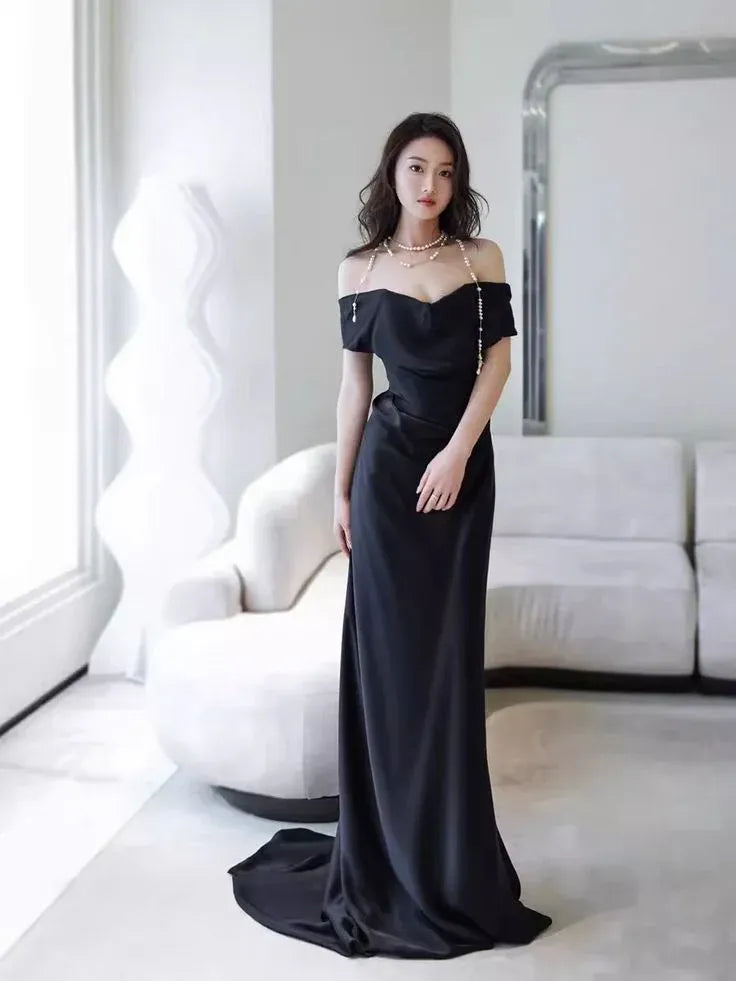 Elegant Sheath Off-Shoulder Short-Sleeve Pearl-Accent Satin Black Floor-Length Evening Dress for Women