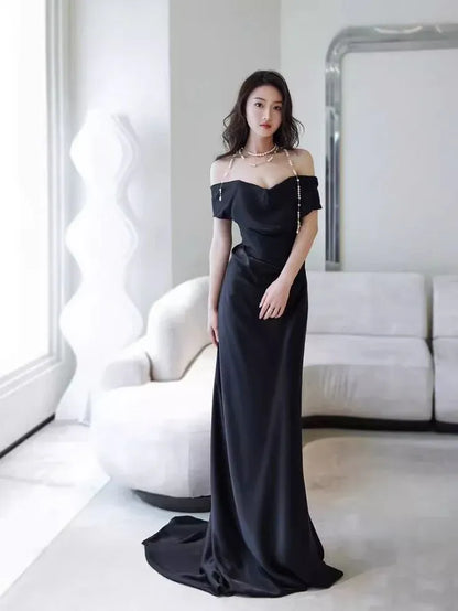 Elegant Sheath Off-Shoulder Short-Sleeve Pearl-Accent Satin Black Floor-Length Evening Dress for Women