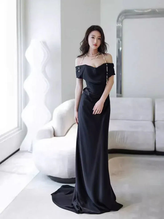 Elegant Sheath Off-Shoulder Short-Sleeve Pearl-Accent Satin Black Floor-Length Evening Dress for Women