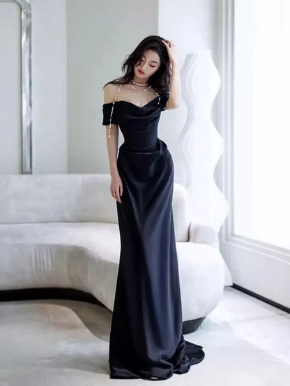 Elegant Sheath Off-Shoulder Short-Sleeve Pearl-Accent Satin Black Floor-Length Evening Dress for Women