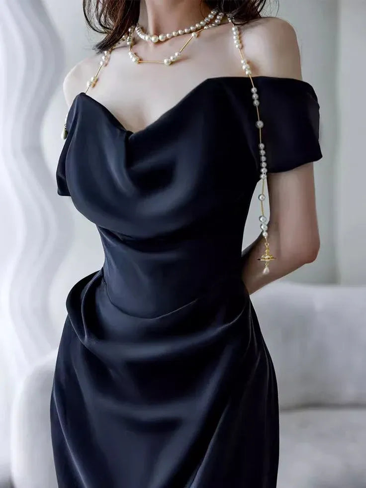 Elegant Sheath Off-Shoulder Short-Sleeve Pearl-Accent Satin Black Floor-Length Evening Dress for Women