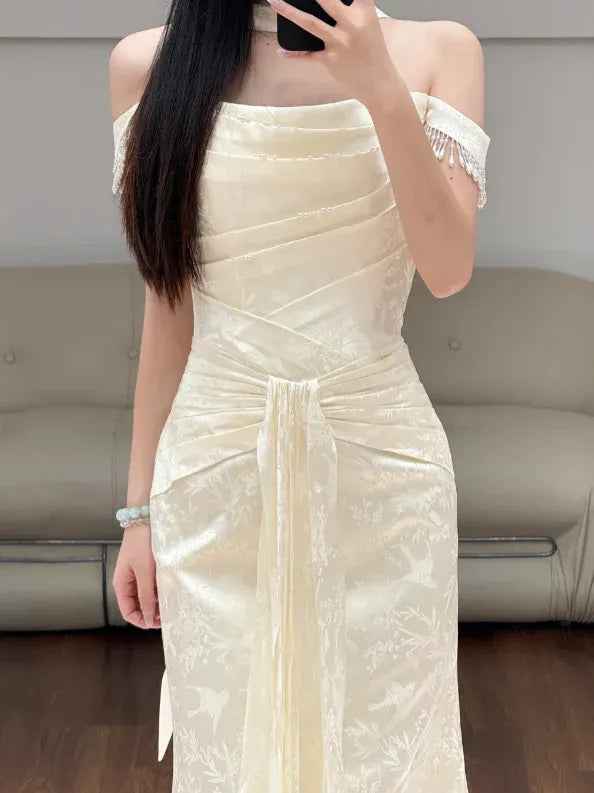 Elegant Sheath Off-Shoulder Sleeveless Embroidered Ivory Long Prom Dress for Women Ready to Ship