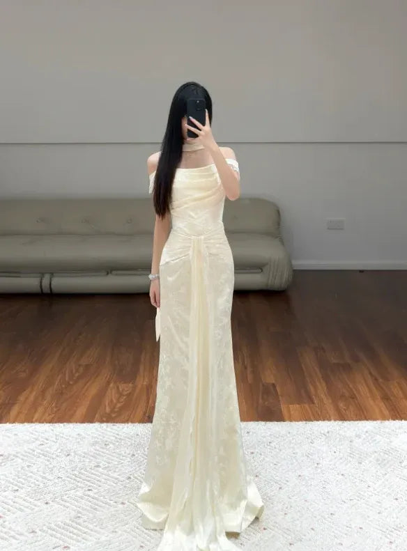 Elegant Sheath Off-Shoulder Sleeveless Embroidered Ivory Long Prom Dress for Women Ready to Ship