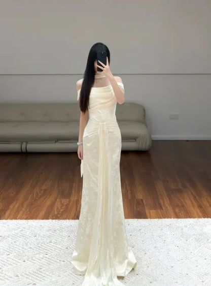 Elegant Sheath Off-Shoulder Sleeveless Embroidered Ivory Long Prom Dress for Women Ready to Ship