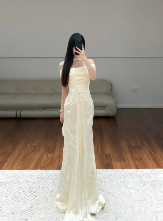 Elegant Sheath Off-Shoulder Sleeveless Embroidered Ivory Long Prom Dress for Women Ready to Ship