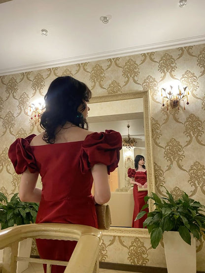 Elegant Sheath Off Shoulder Short Sleeve Backless Floor-Length Evening Dress