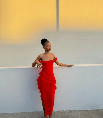 Elegant Sheath Off the Shoulder Sleeveless Ruffles Floor-Length Prom Dress