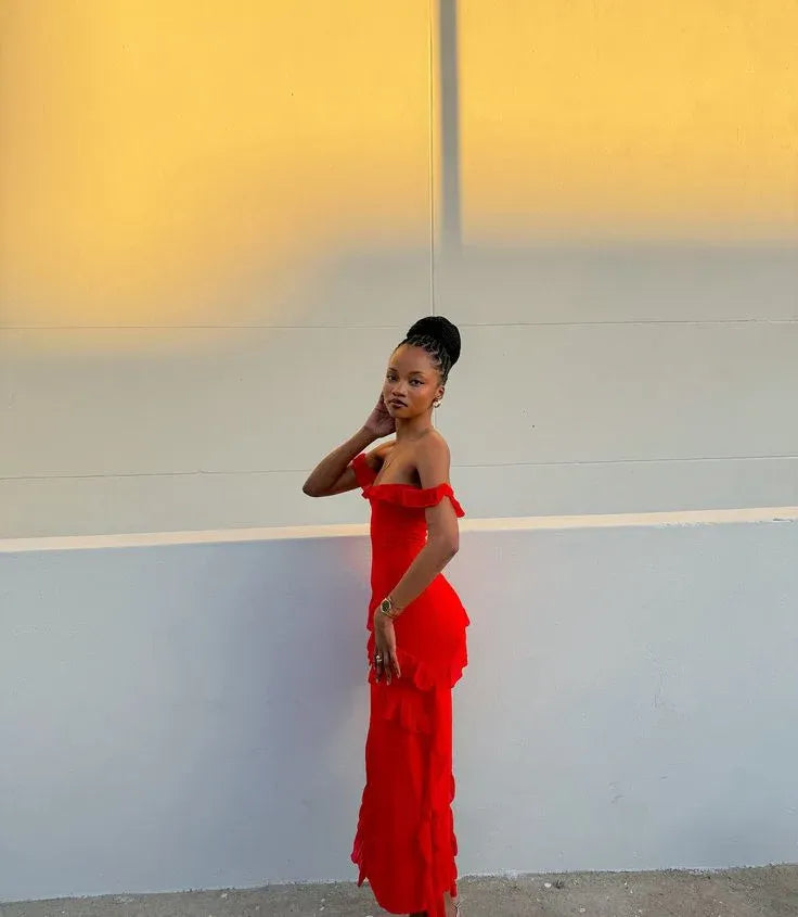 Elegant Sheath Off the Shoulder Sleeveless Ruffles Floor-Length Prom Dress