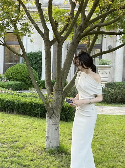Elegant Sheath One-Shoulder Short-Sleeve Ruched Satin Ivory Floor-Length Evening Dress for Women