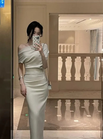 Elegant Sheath One-Shoulder Short-Sleeve Ruched Satin Ivory Floor-Length Evening Dress for Women