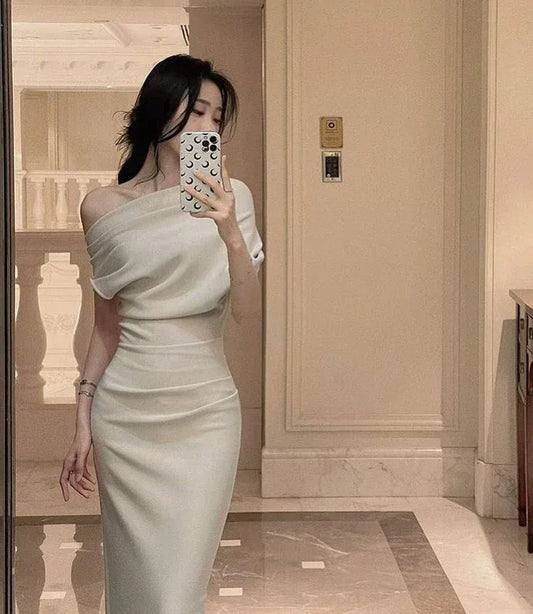Elegant Sheath One-Shoulder Short-Sleeve Ruched Satin Ivory Floor-Length Evening Dress for Women