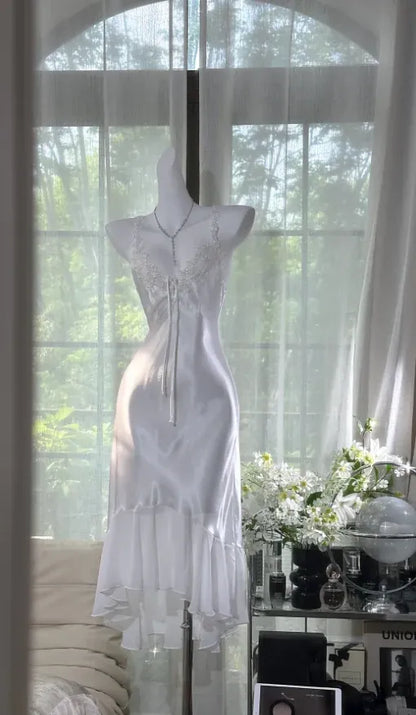 Elegant Sheath Spaghetti-Strap Sleeveless Beaded White Maxi Prom Dress for Women Custom
