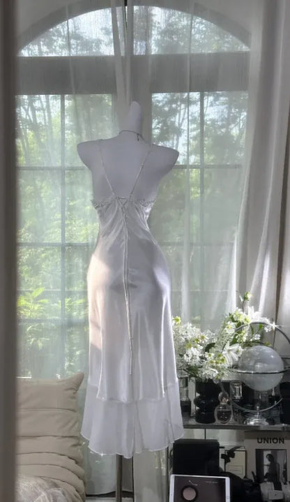Elegant Sheath Spaghetti-Strap Sleeveless Beaded White Maxi Prom Dress for Women Custom