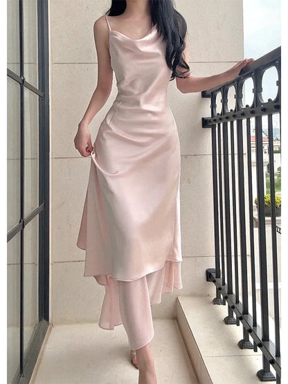 Elegant Sheath Spaghetti Strap Cowl Neck Blush High-Low Prom Dresses