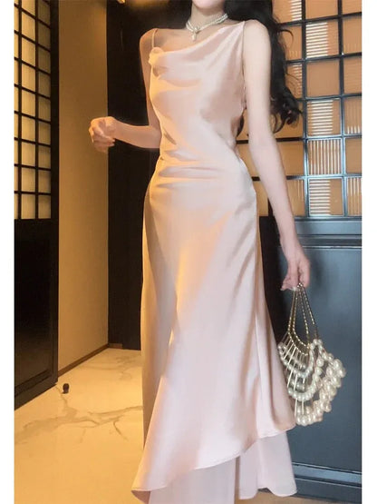 Elegant Sheath Spaghetti Strap Cowl Neck Blush High-Low Prom Dresses