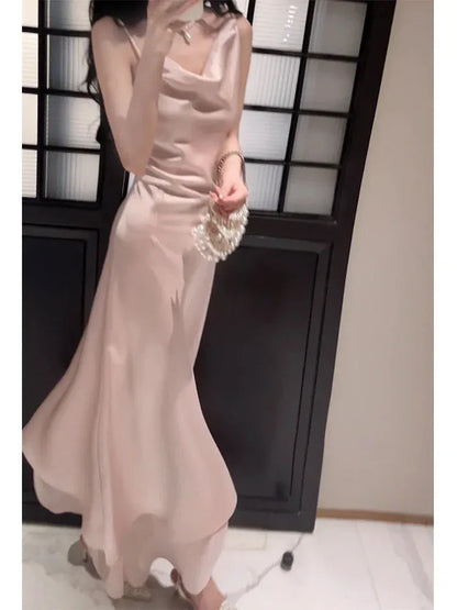 Elegant Sheath Spaghetti Strap Cowl Neck Blush High-Low Prom Dresses