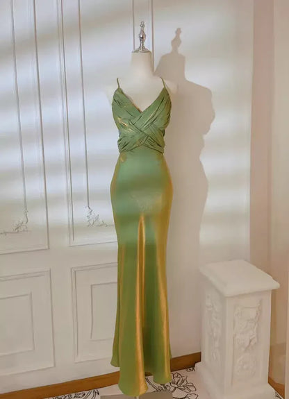 Elegant Sheath Spaghetti Strap Ruched Metallic Satin Maxi Party Dress