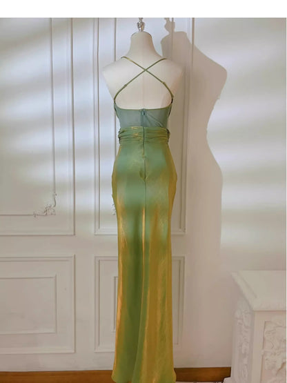 Elegant Sheath Spaghetti Strap Ruched Metallic Satin Maxi Party Dress